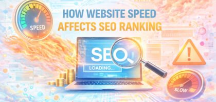 illustration showing a laptop with SEO loading screen, speedometer, and analytics icons representing how website speed impacts SEO ranking.