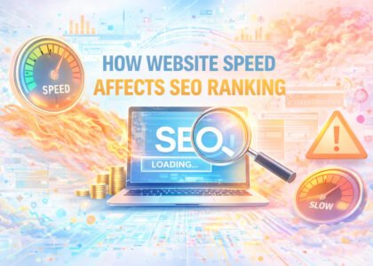 illustration showing a laptop with SEO loading screen, speedometer, and analytics icons representing how website speed impacts SEO ranking.