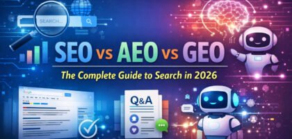 Digital marketing concept image showing SEO vs AEO vs GEO with futuristic AI search elements and technology background