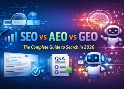 Digital marketing concept image showing SEO vs AEO vs GEO with futuristic AI search elements and technology background