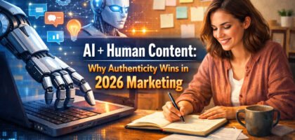 Illustration showing a robot using a laptop on one side and a human writing in a notebook on the other, representing the balance of AI and human creativity in modern marketing.