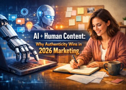 Illustration showing a robot using a laptop on one side and a human writing in a notebook on the other, representing the balance of AI and human creativity in modern marketing.
