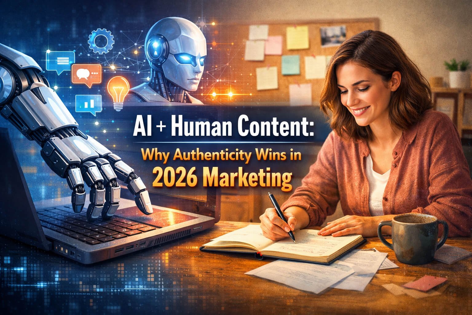 Illustration showing a robot using a laptop on one side and a human writing in a notebook on the other, representing the balance of AI and human creativity in modern marketing.