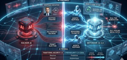 Cybersecurity 2.0 where a defensive AI core uses Agentic Response and Behavioral Telemetry to block deepfake phishing, polymorphic malware, and prompt injections coming from a malicious AI core across an AI Firewall.