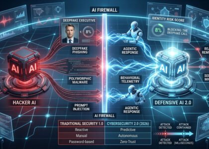 Cybersecurity 2.0 where a defensive AI core uses Agentic Response and Behavioral Telemetry to block deepfake phishing, polymorphic malware, and prompt injections coming from a malicious AI core across an AI Firewall.