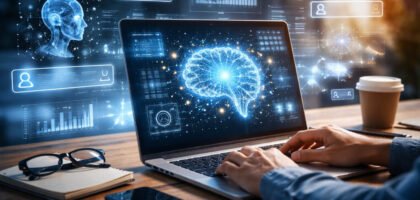 Person working on a laptop with futuristic AI interface, data analytics visuals, and digital elements representing generative engine optimization and AI-driven search technology