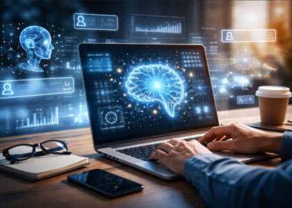 Person working on a laptop with futuristic AI interface, data analytics visuals, and digital elements representing generative engine optimization and AI-driven search technology